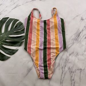 Hollister Swim Womens One Piece Swimsuit Size XL Pink Green Stripe Low Back